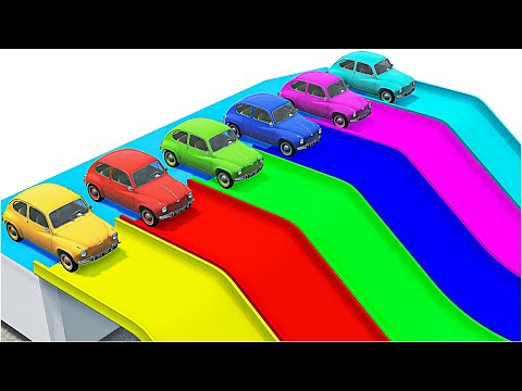 Cars vs Slide Color with Portal Trap Flatbed Trailer Small Cars Transport of Color Ep 01