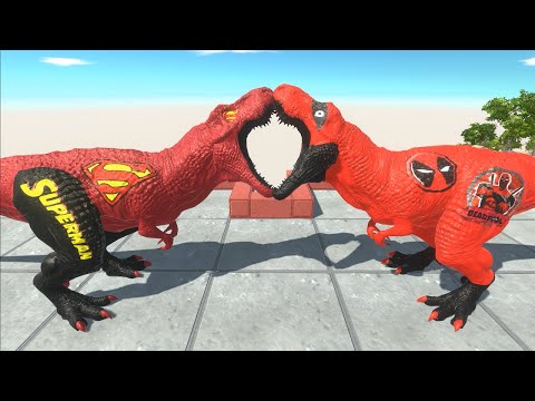SUPERMAN T-REX vs DEADPOOL T-REX MOUNTAIN DEATH FALL Animal Revolt Battle Simulator ARBS