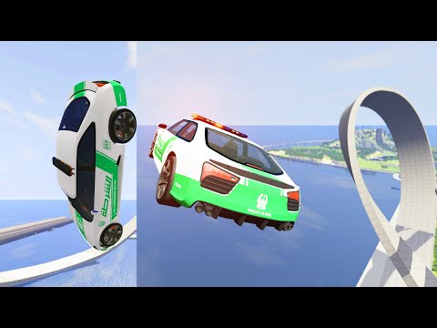 Impossible Loop Spiral Bridge Crossing Sports Cars Vs Cliff and Deep Water - BeamNG.Drive