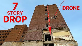 DROPPING stuff from a 7 story building | Drones FOLLOW it down!