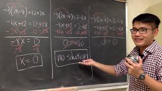 1 solution, no solution, infinitely many solutions (for linear equations)
