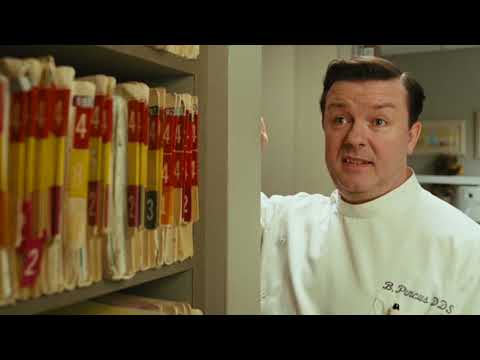 Trailer frame: Gervais and Leoni in soft interior light, matching the score’s chamber textures