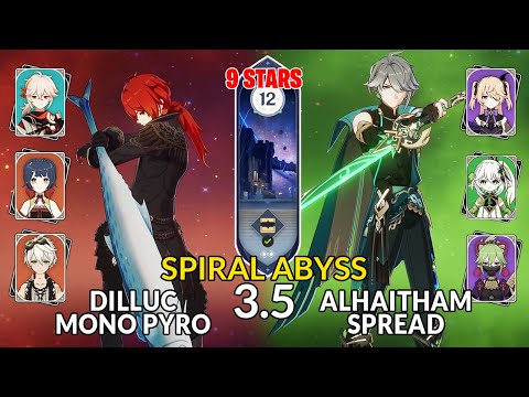 NEW 3.5 Spiral Abyss!│Diluc Mono Pyro & Alhaitham Spread | Floor 12 - 9 Stars | Genshin Impact
