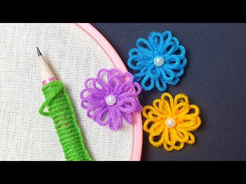 Super Easy Woolen Flower Making Ideas with Pencil - Hand Embroidery Amazing Trick - DIY Yarn Flowers