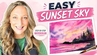 EASY Watercolor Sunset for Beginners | Pink Sky Silhouette