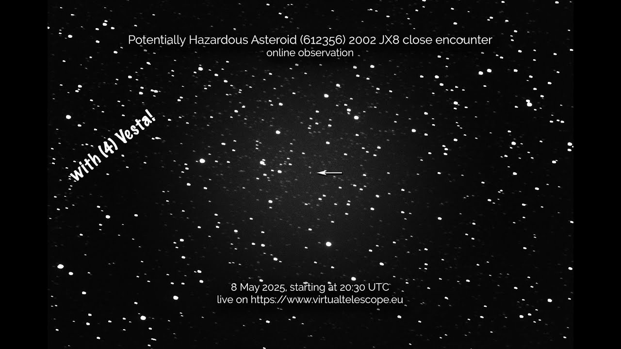 Potentially Hazardous Asteroid 2002 JX8 close encounter and (4) Vesta: online observation – 8 May 25 - YouTube