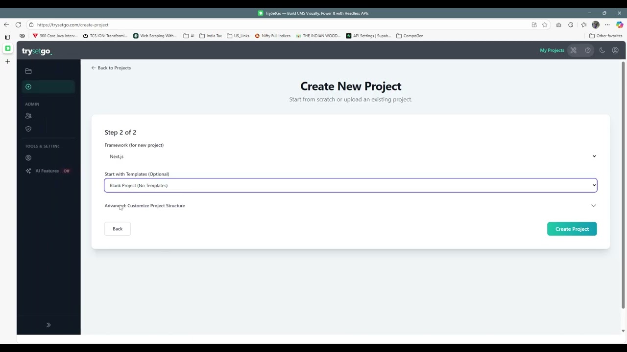 TrySetGo – Create a new project