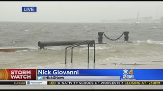 Boston Harbor Splashing Over As High Tide Approaches In Early Stages Of Nor'easter