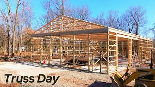Installing 50ft trusses. 50x80 Shop build