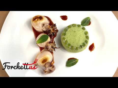 Flan di pisellini alla menta con fricassea di seppie al vino rosso.