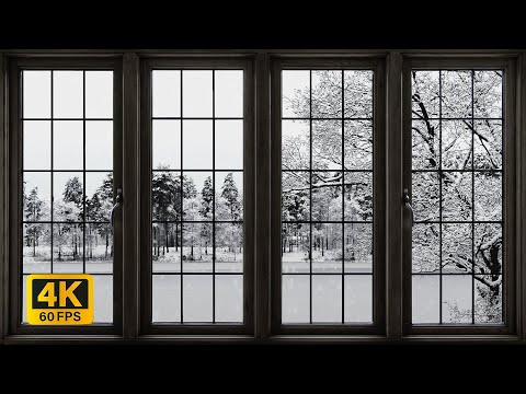 4K Winter landscape with snow window View - Relaxing, Calming, Ambience