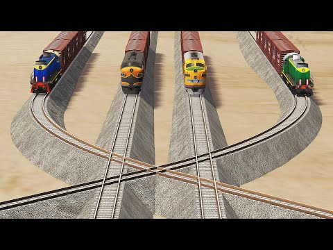 Four Train vs Impossible Multiple Overlapping Rail Track Crossing - BeamNG.Drive