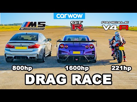 BMW M5 v Nissan GT-R v Ducati V4R - DRAG RACE *tuned cars vs stock bike*