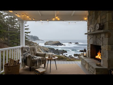 Coastal Rain | Outdoor Fireplace & Ocean Rain | Focus, Reading, Sleep, Study, Smart TV