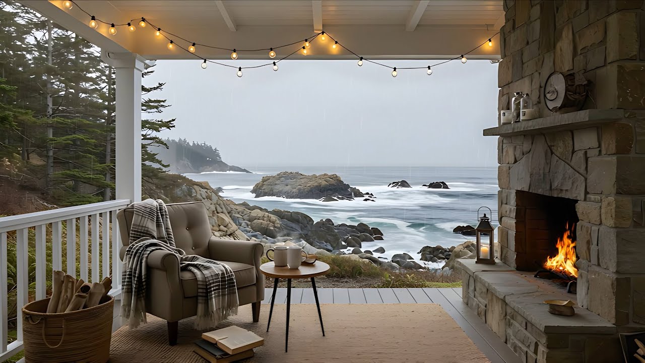 Coastal Rain | Outdoor Fireplace & Ocean Rain | Focus, Reading, Sleep, Study, Smart TV