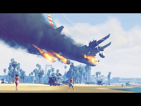 Double Deck 8 Engines Aircraft Emergency Landing On Beach After Engine Exploded | GTA 5