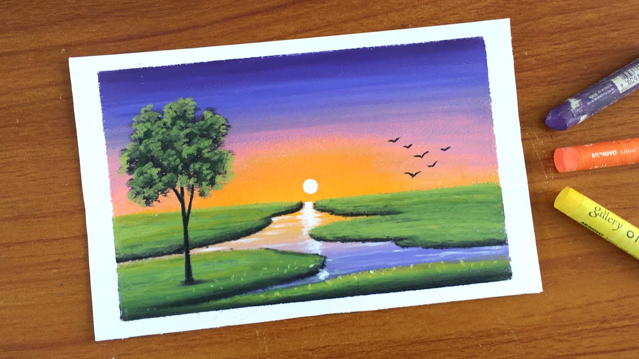 Easy Oil pastel Sunset Scenery Painting for beginners | MEADOWS IN SUNSET | Oil Pastel Drawing
