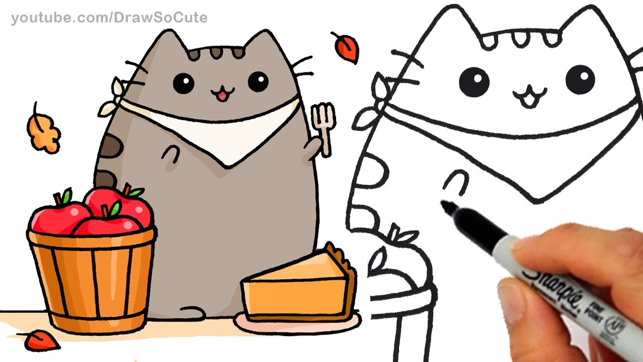 How To Draw Autumn Pusheen Cat Eating Pie Step By Step Easy Fall Leaves - pusheen cat roblox
