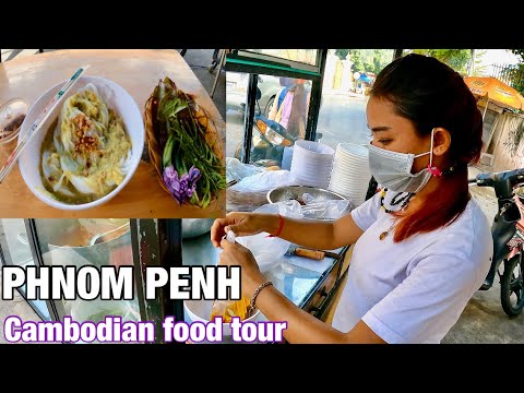 Cambodian food tour, Khmer noodles for $ 1 sold on the street, Phnom Penh walk