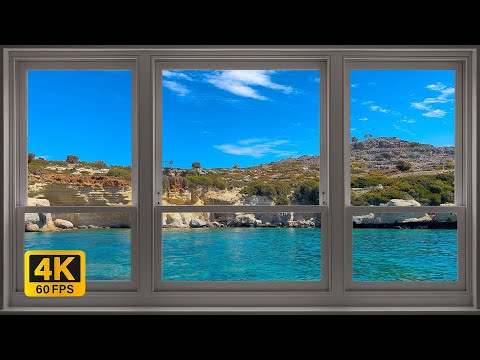 4K Greece beach window view - Relaxing, Calming, Ambience