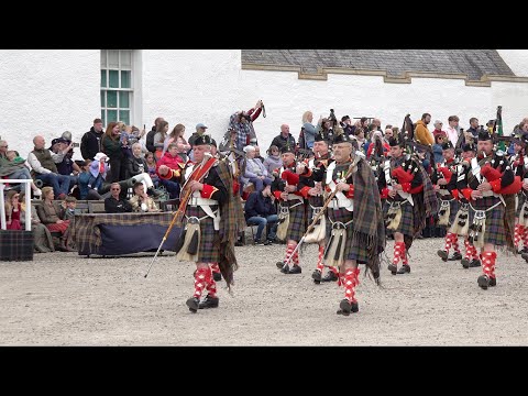 2022 Atholl Highlanders Parade march off outside Blair Castle in Scotland led by Atholl Pipe Band