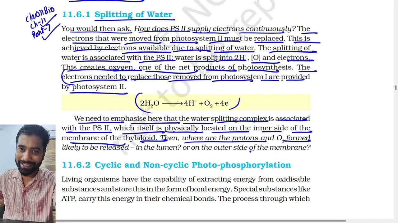 Part 7 Splitting of Water, Photosynthesis in higher plants, Class 11th Biology Ncert
