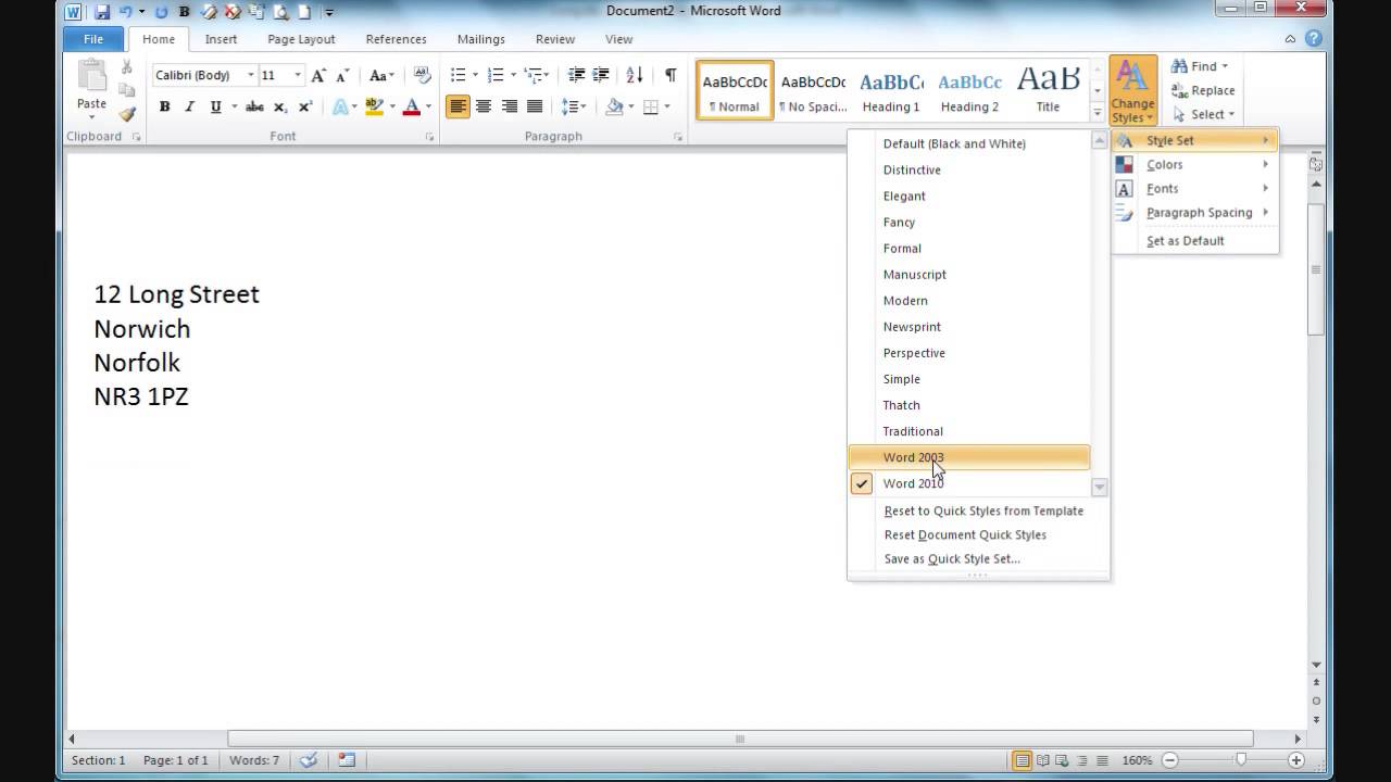 Changing Style Sets in Word