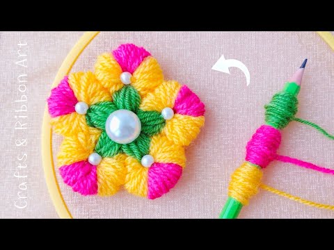 Super Easy Woolen Flower Making Ideas with Pencil - Hand Embroidery Amazing Flower - Sewing Hack