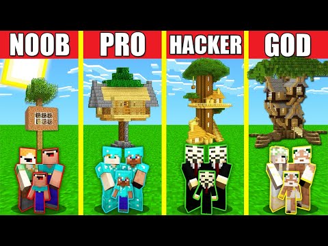 Minecraft Battle: HOUSE ON TREE BUILD CHALLENGE - NOOB vs PRO vs HACKER vs GOD / Animation WOOD