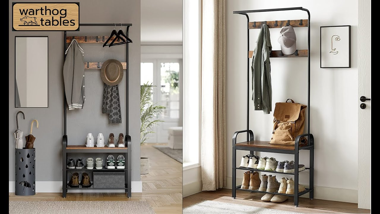 Wieszak industrialny z siedziskiem i półkami na buty, garderoba przedpokój -  Warthog Tables