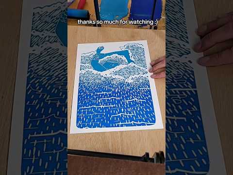 printing a lino-cut! #shorts #art #linocut #printmaking #waves #mermaid #surf