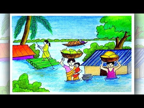 How To Draw Scenery Of Flood Easy And Simple Draw Flood In