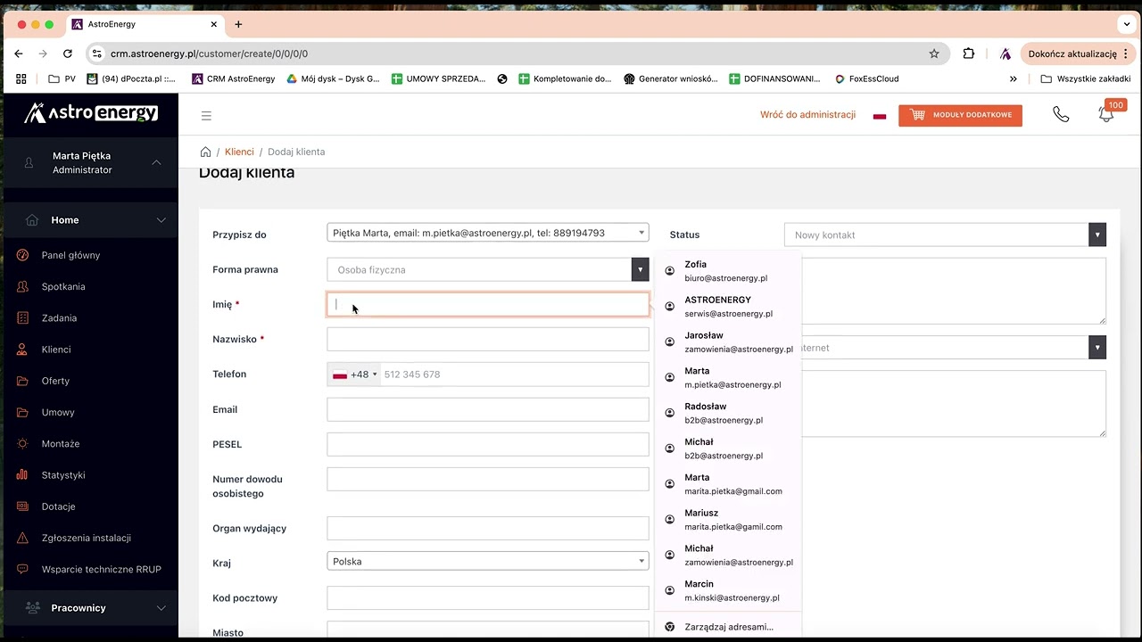 Dodawanie klienta w CRM