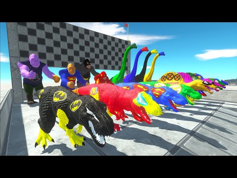 T-rex + Spino + Triceratops + King Kong Superheroes Speed Race Championship Hunting Found Jurassic