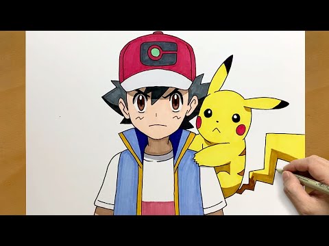 How to Draw Ash and Pikachu in Color || Pokémon Anime Drawing || Step by Step Process
