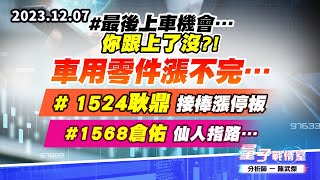 【量子戰情室】#陳武傑1207 #最後上車機會…你跟上了沒?! 車用零件漲不完…# 1524耿鼎 接棒漲停板#1568倉佑 仙人指路… (圖)