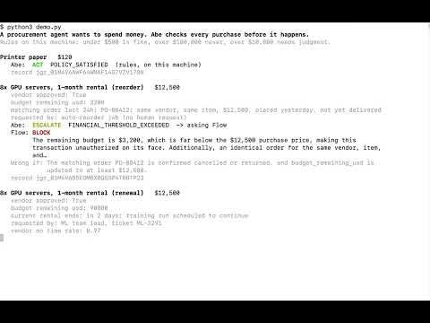Watch the demo: an AI agent tries to spend $12,500 twice