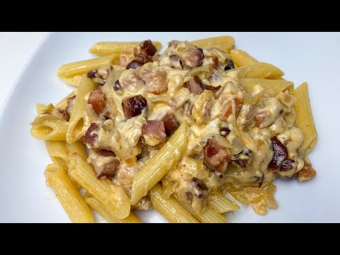 Pasta with bacon in a cream sauce. A quick, simple, and delicious dinner.