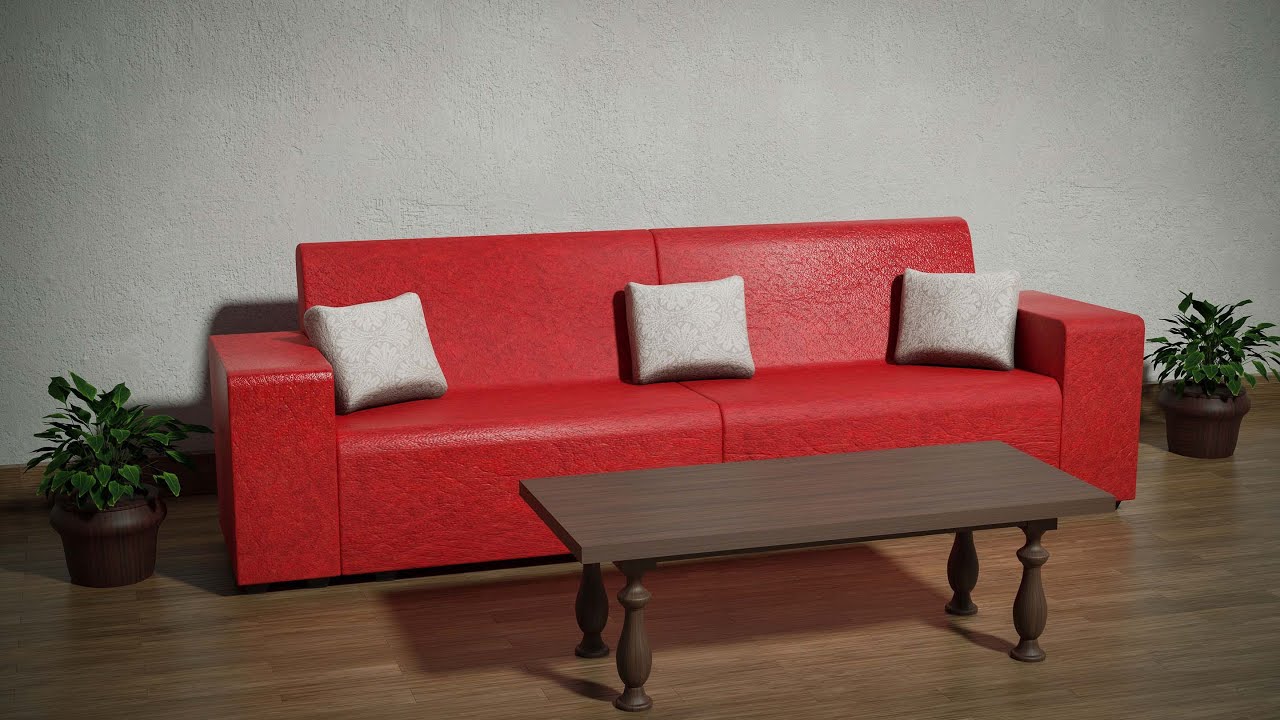 Red family couch with three pillows 3D Model