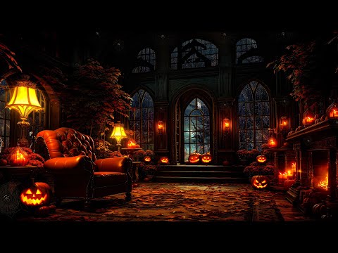 Haunted Luxurious Mansion Halloween Ambience | Rain and Thunderstorm Sounds, Crackling Fireplace