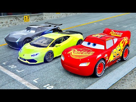Lightning McQueen vs Lamborghini Huracan Widebody Monster vs Jackson Storm at Top Gear Track