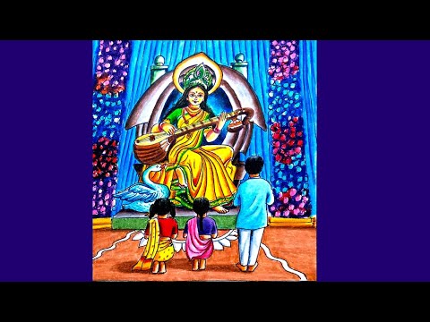 Saraswati puja scenery drawing step by step/Saraswati Devi drawing easy 