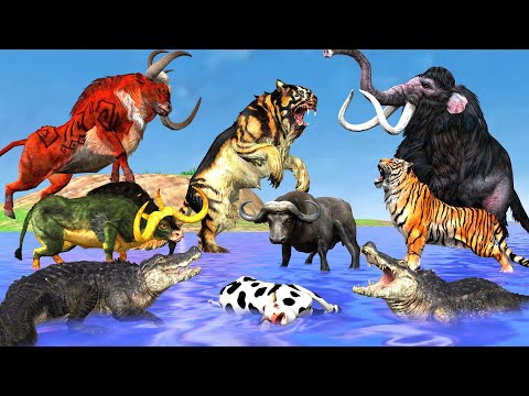 10 Zombie wolfs vs 10 giant tigers fighting bad fish attacks 5 baby cows saved by 5 woolly mammoths