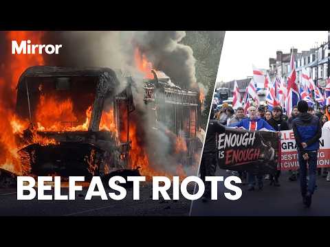 Bus set ON FIRE in east Belfast during an anti-immigration protests after stabbing