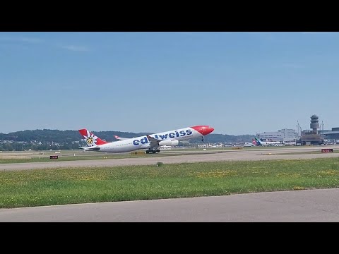 Very Heavy Edelweiss A340-300 takeoff at Zurich ZRH/LSZH