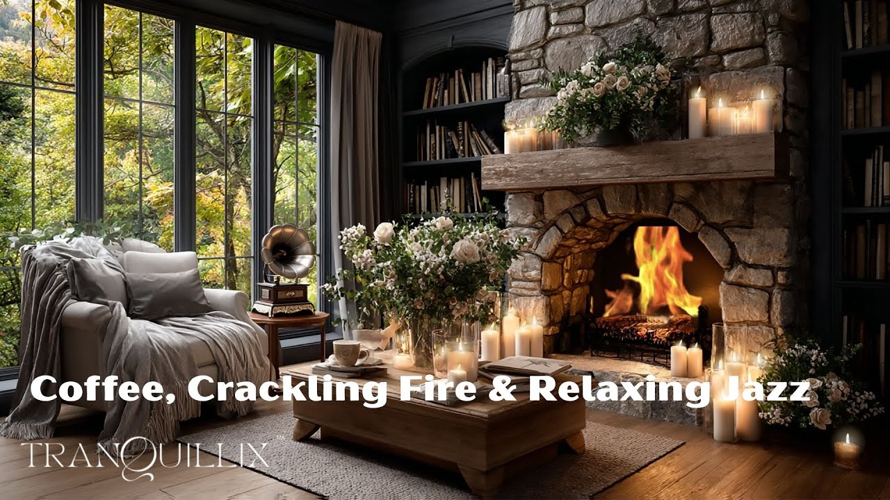 Cozy Cottage Fireplace Ambience  | Coffee, Crackling Fire & Relaxing Jazz Music
