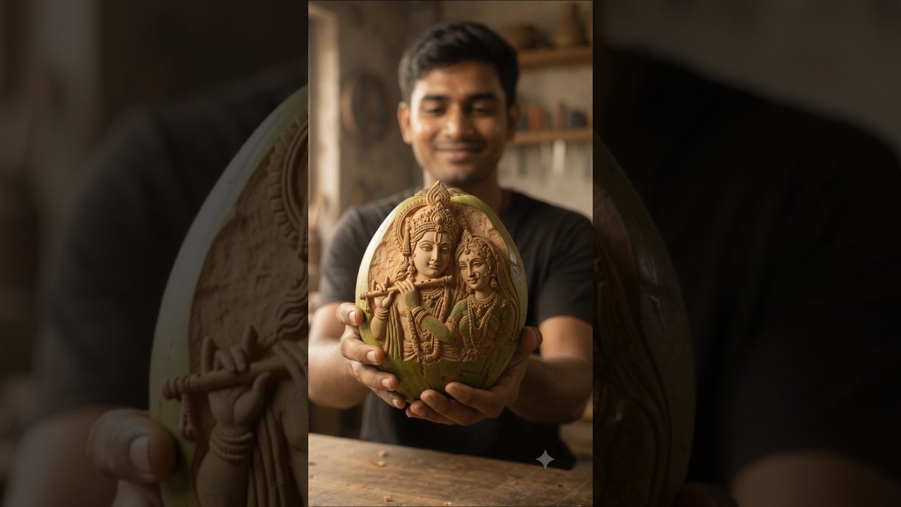 गरीब लड़के ने नारियल पर बना दी भगवान श्रीकृष्ण की अद्भुत मूर्ति 😱🙏 | Amazing Coconut Art #Shorts