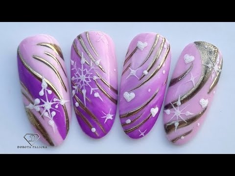 Purple ombre snowflakes nail art with gold Chrome 💜.