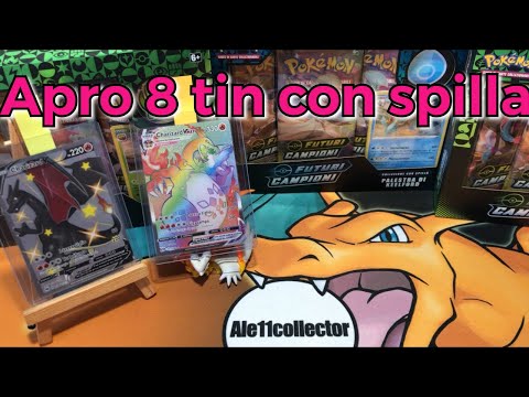 Mega spacchettamento!! - 8 tin con spilla Futuri Campioni - caccia al Charizard Vmax HYPER e Shiny
