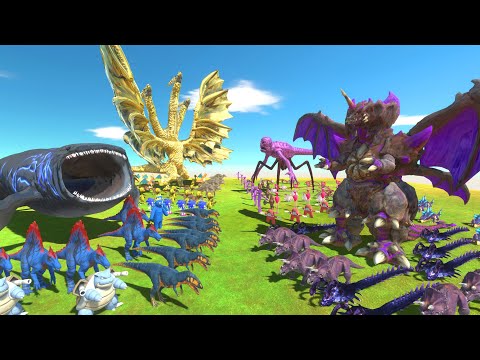 Blue Bloop + Yellow King Ghidorah VS Purple Destroya + Titan Pink  - Animal Revolt Battle Simulator